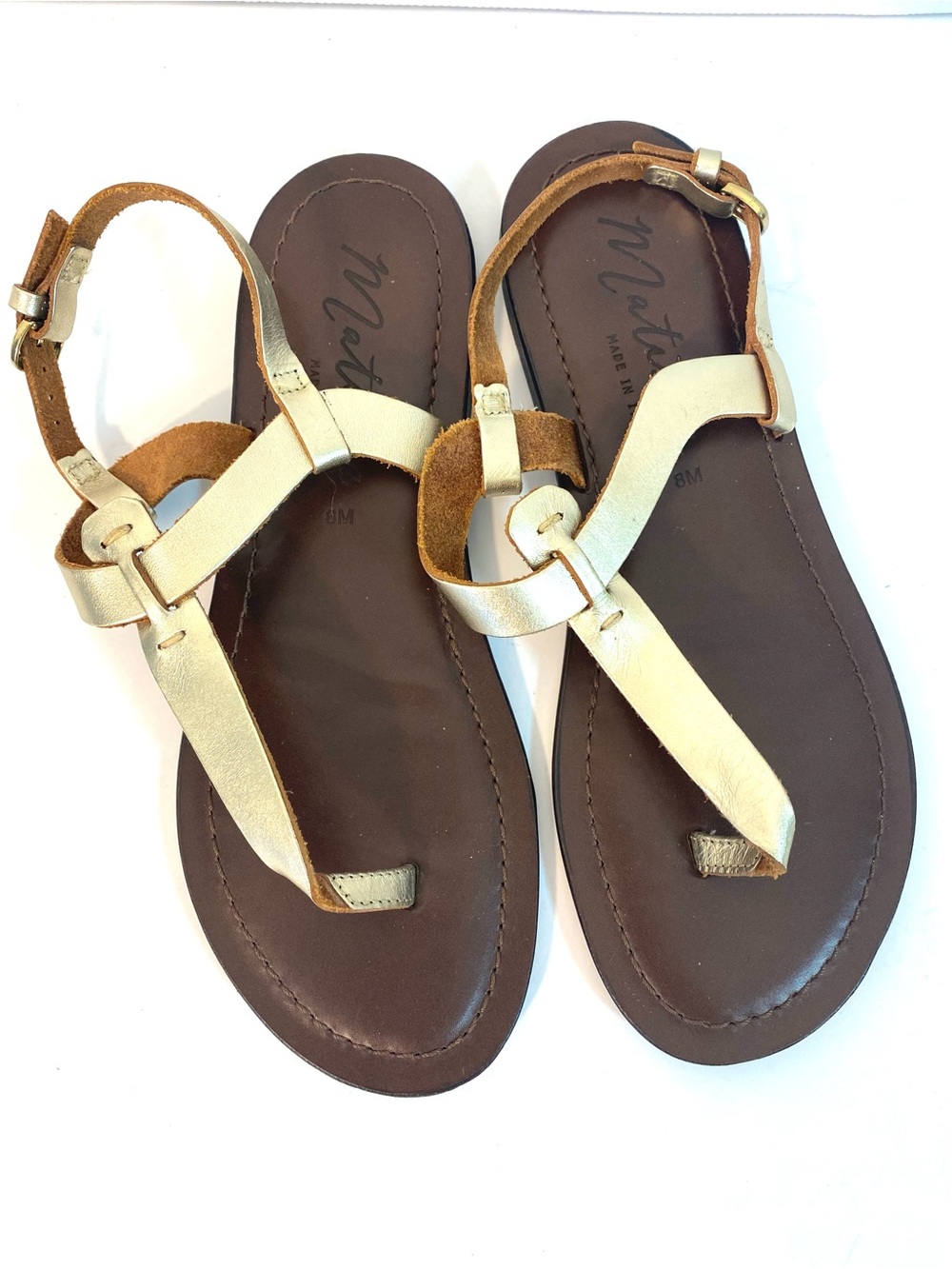 MATISSE Metallic Gold Leather Florentine T Strap Flat Sandals